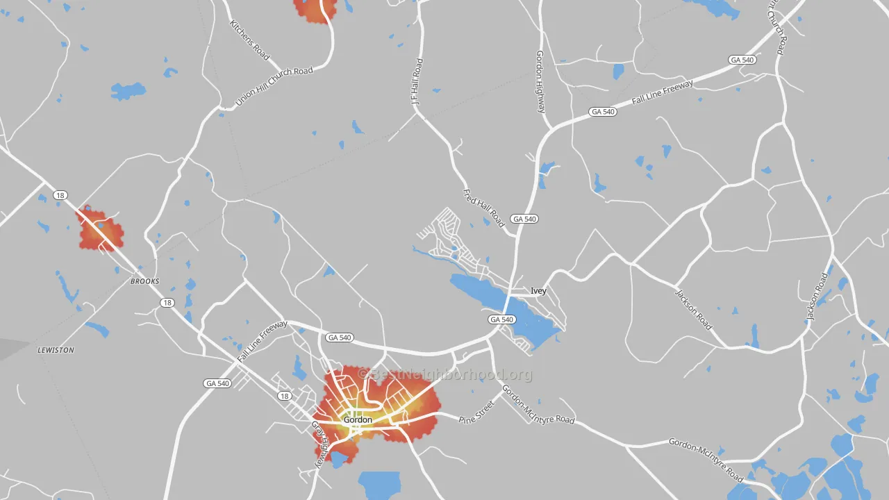 Walk Grade map of 31031, GA, walkable areas in green and car-dependent areas in red