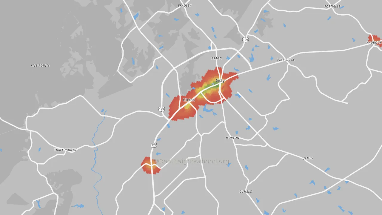 Walk Grade map of 31032, GA, walkable areas in green and car-dependent areas in red