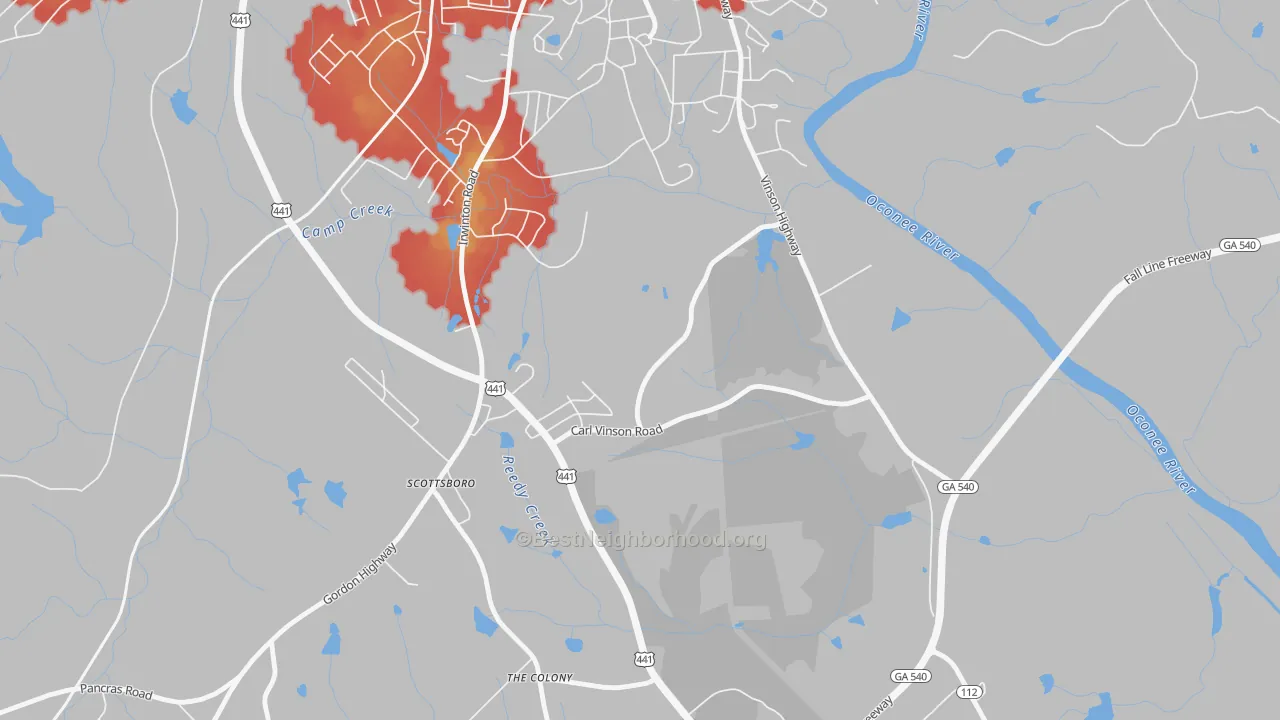 Walk Grade map of 31034, GA, walkable areas in green and car-dependent areas in red