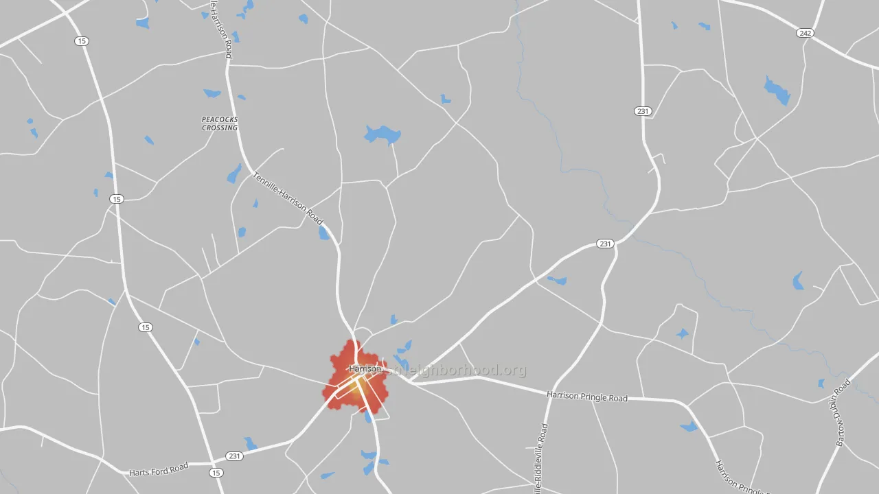 Walk Grade map of 31035, GA, walkable areas in green and car-dependent areas in red