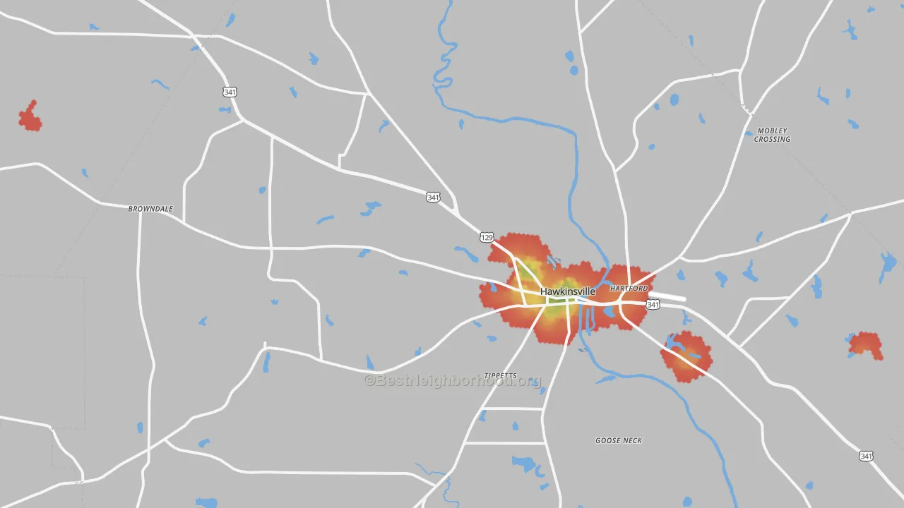 Walk Grade map of 31036, GA, walkable areas in green and car-dependent areas in red