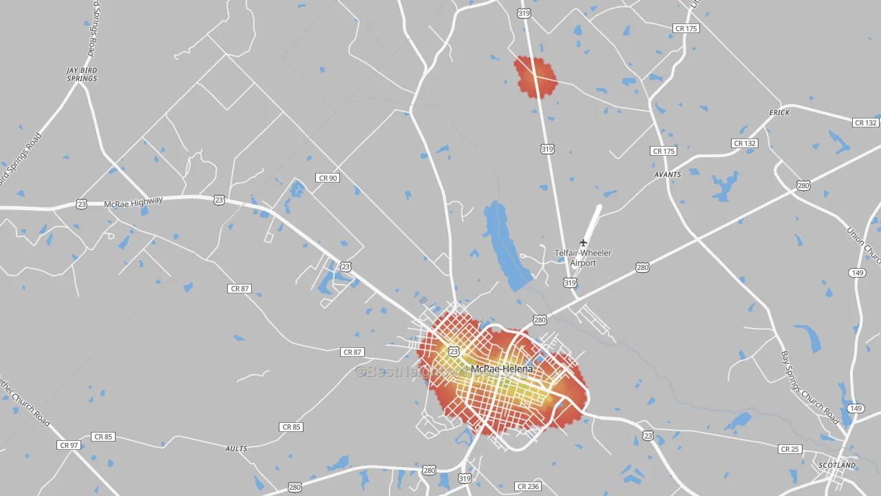 Walk Grade map of 31037, GA, walkable areas in green and car-dependent areas in red