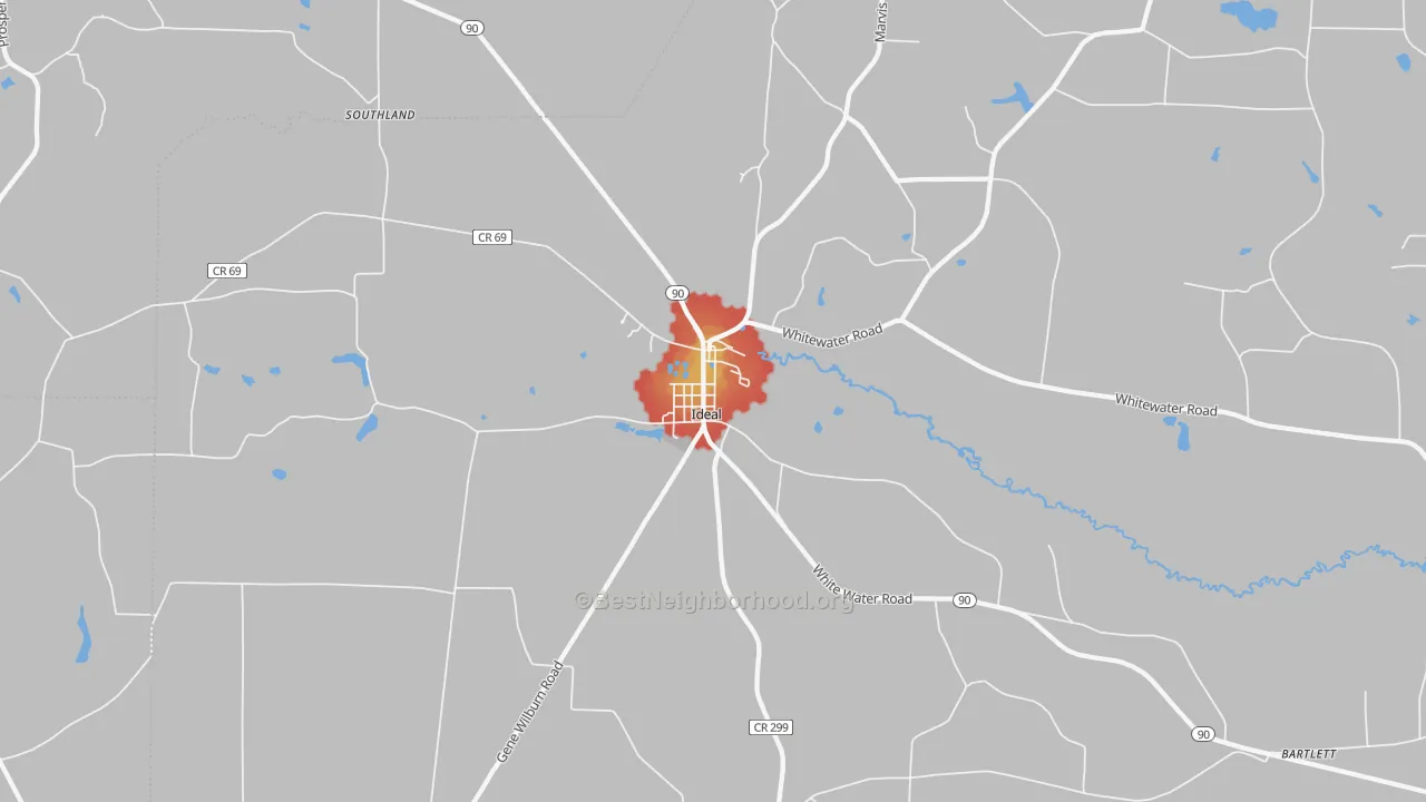 Walk Grade map of 31041, GA, walkable areas in green and car-dependent areas in red