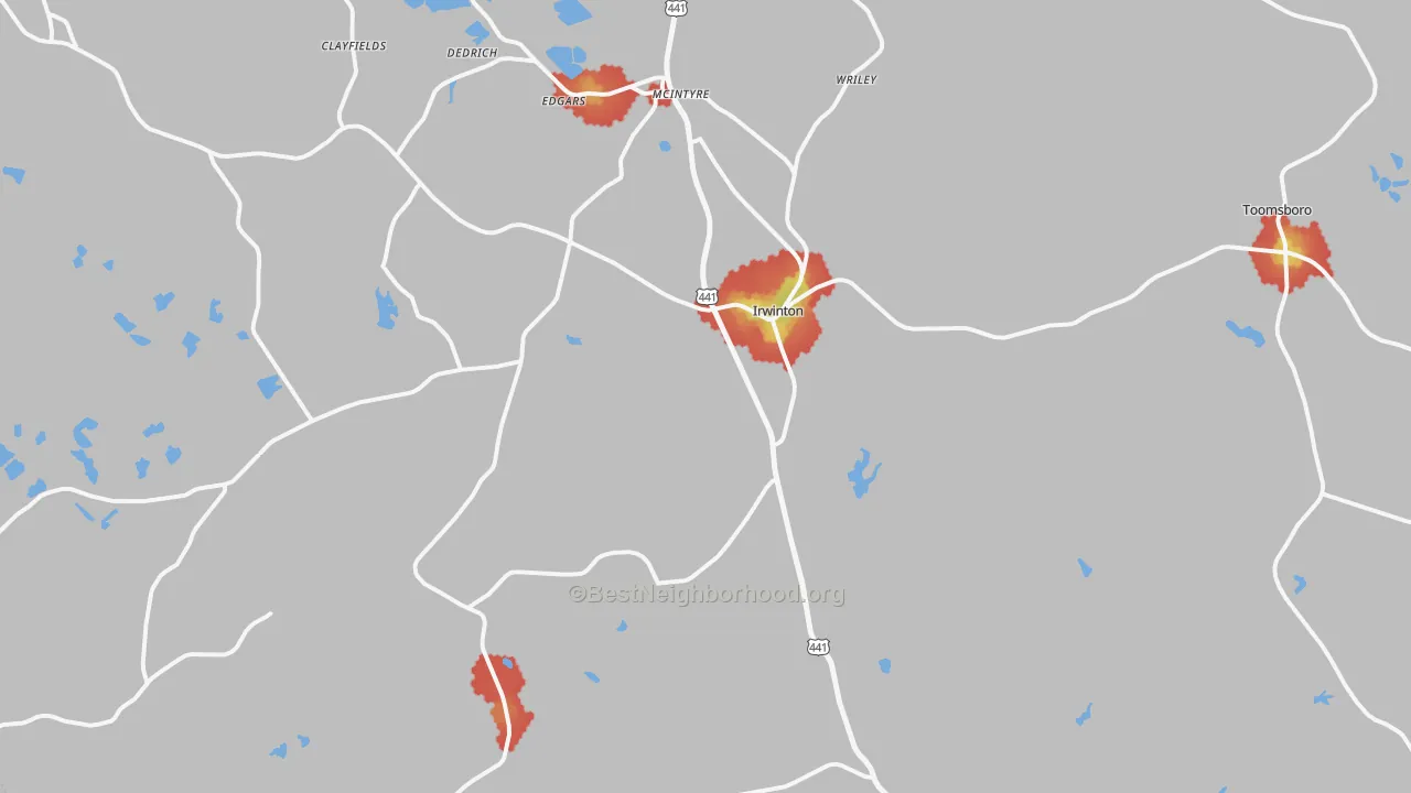Walk Grade map of 31042, GA, walkable areas in green and car-dependent areas in red
