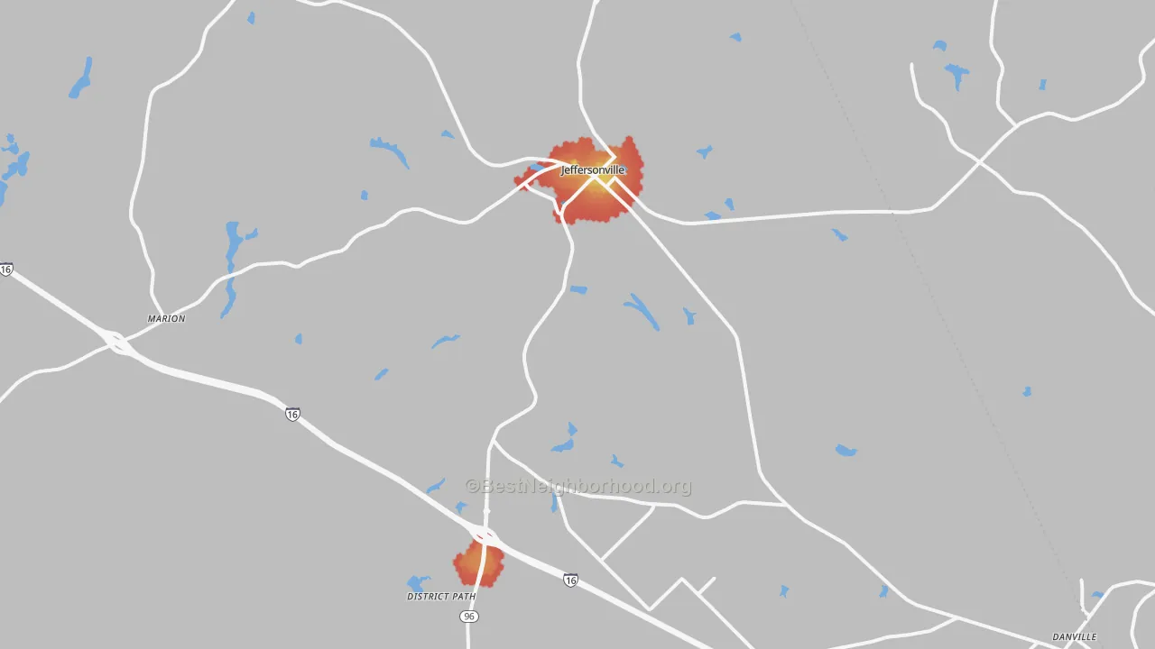 Walk Grade map of 31044, GA, walkable areas in green and car-dependent areas in red