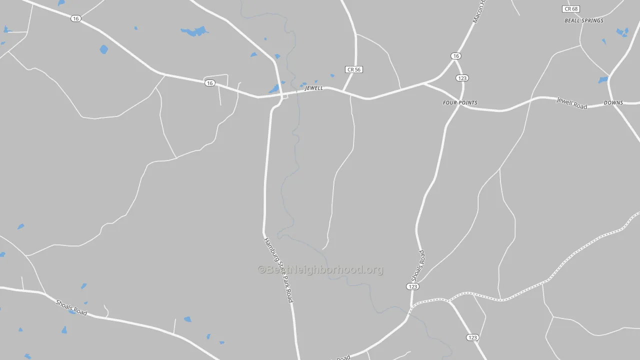 Walk Grade map of 31045, GA, walkable areas in green and car-dependent areas in red
