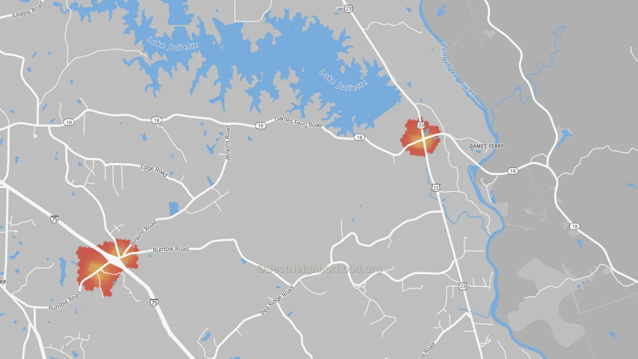 Walk Grade map of 31046, GA, walkable areas in green and car-dependent areas in red