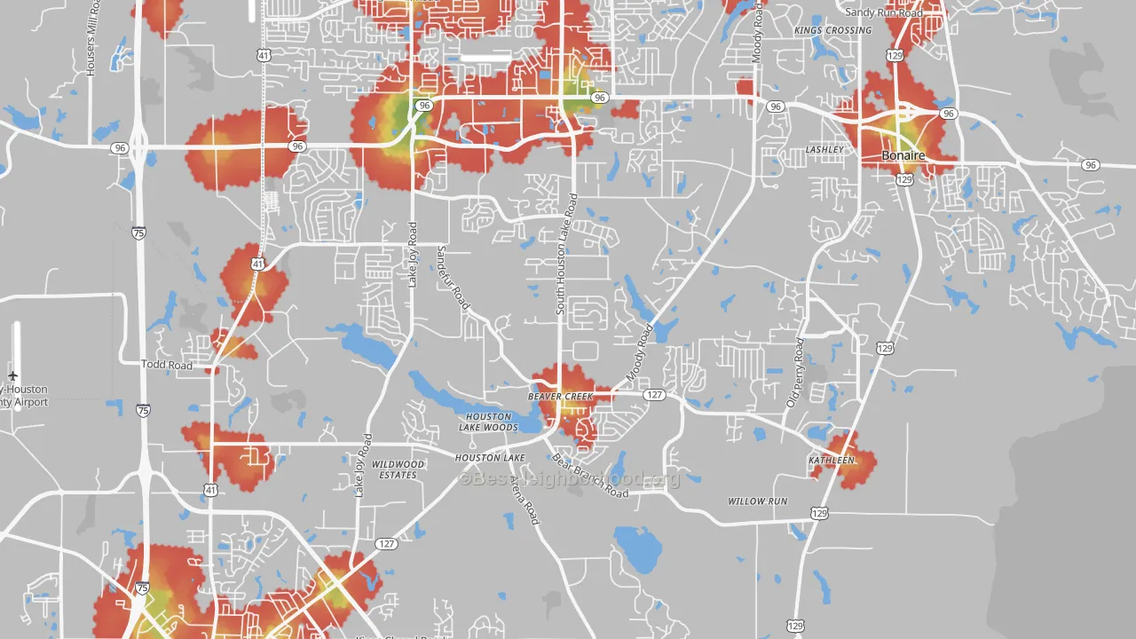 Walk Grade map of 31047, GA, walkable areas in green and car-dependent areas in red