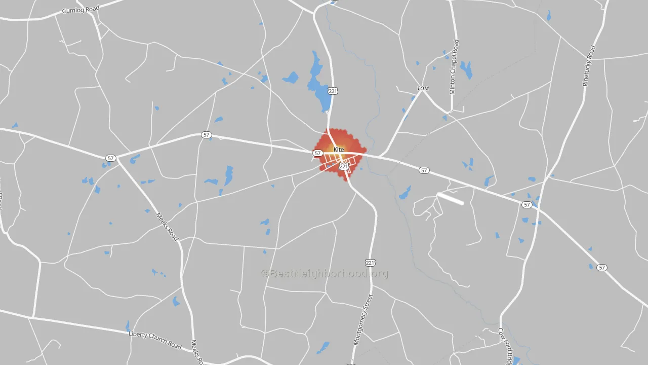 Walk Grade map of 31049, GA, walkable areas in green and car-dependent areas in red