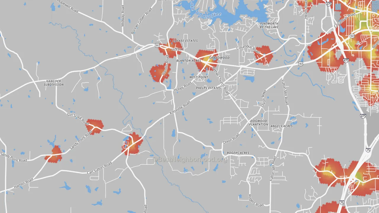 Walk Grade map of 31052, GA, walkable areas in green and car-dependent areas in red