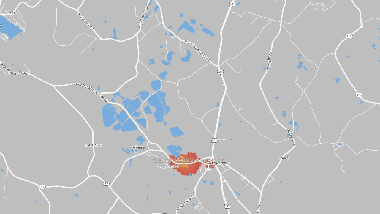 Walk Grade map of 31054, GA, walkable areas in green and car-dependent areas in red