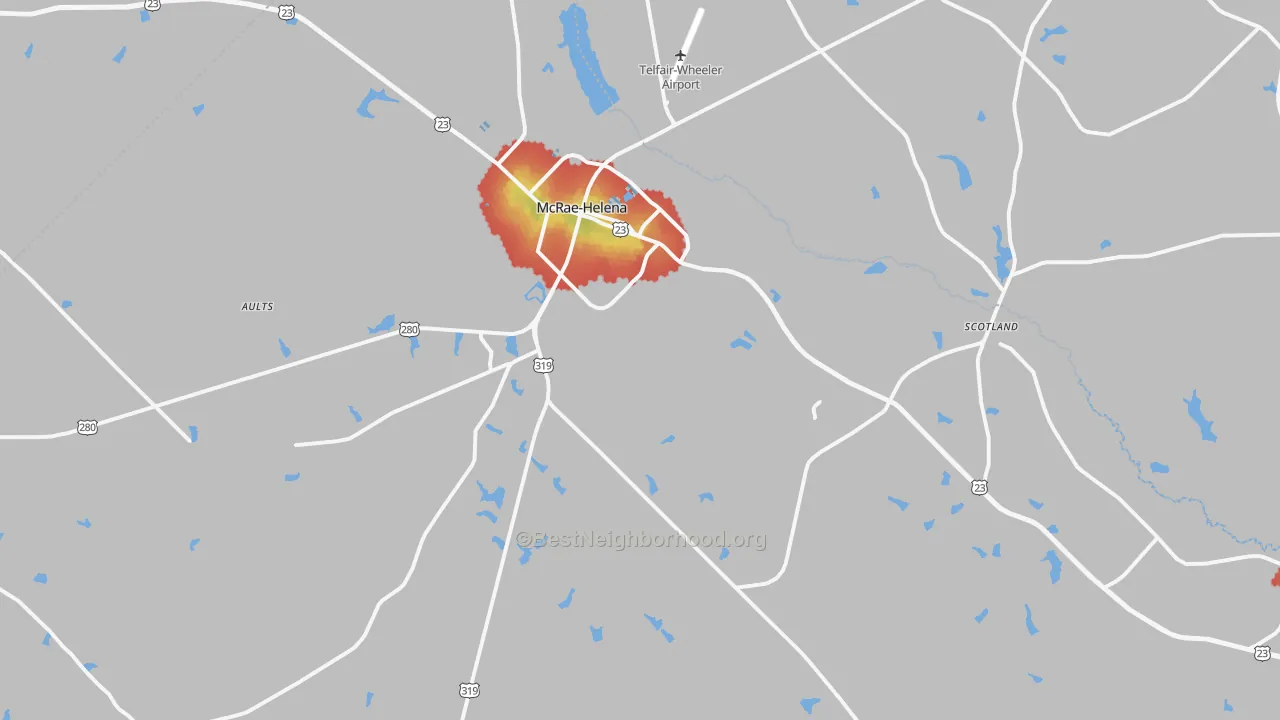 Walk Grade map of 31055, GA, walkable areas in green and car-dependent areas in red