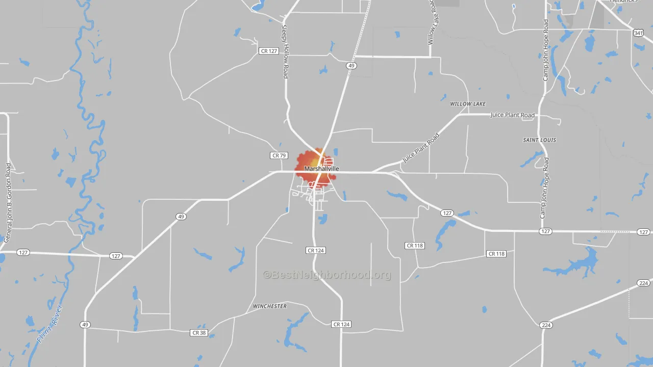 Walk Grade map of 31057, GA, walkable areas in green and car-dependent areas in red