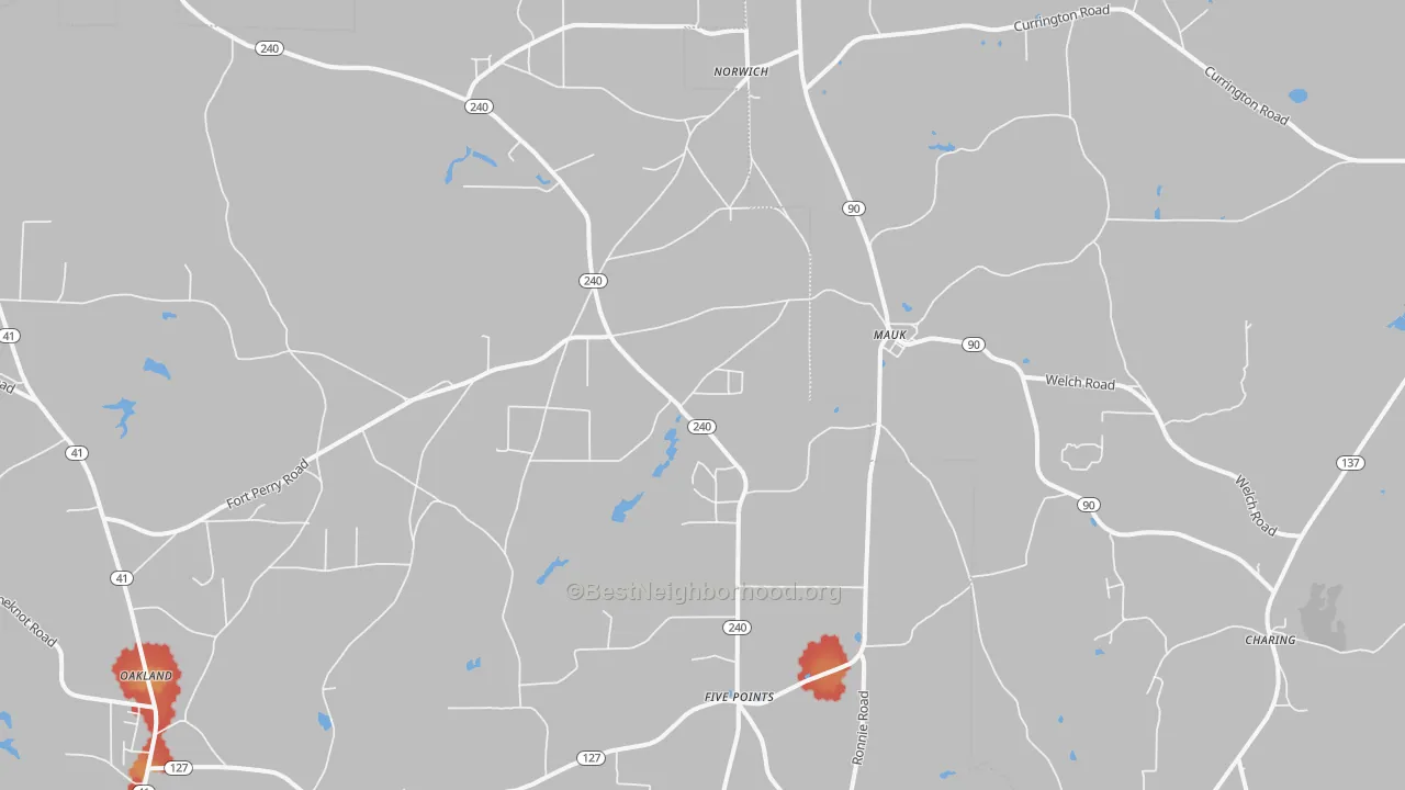 Walk Grade map of 31058, GA, walkable areas in green and car-dependent areas in red