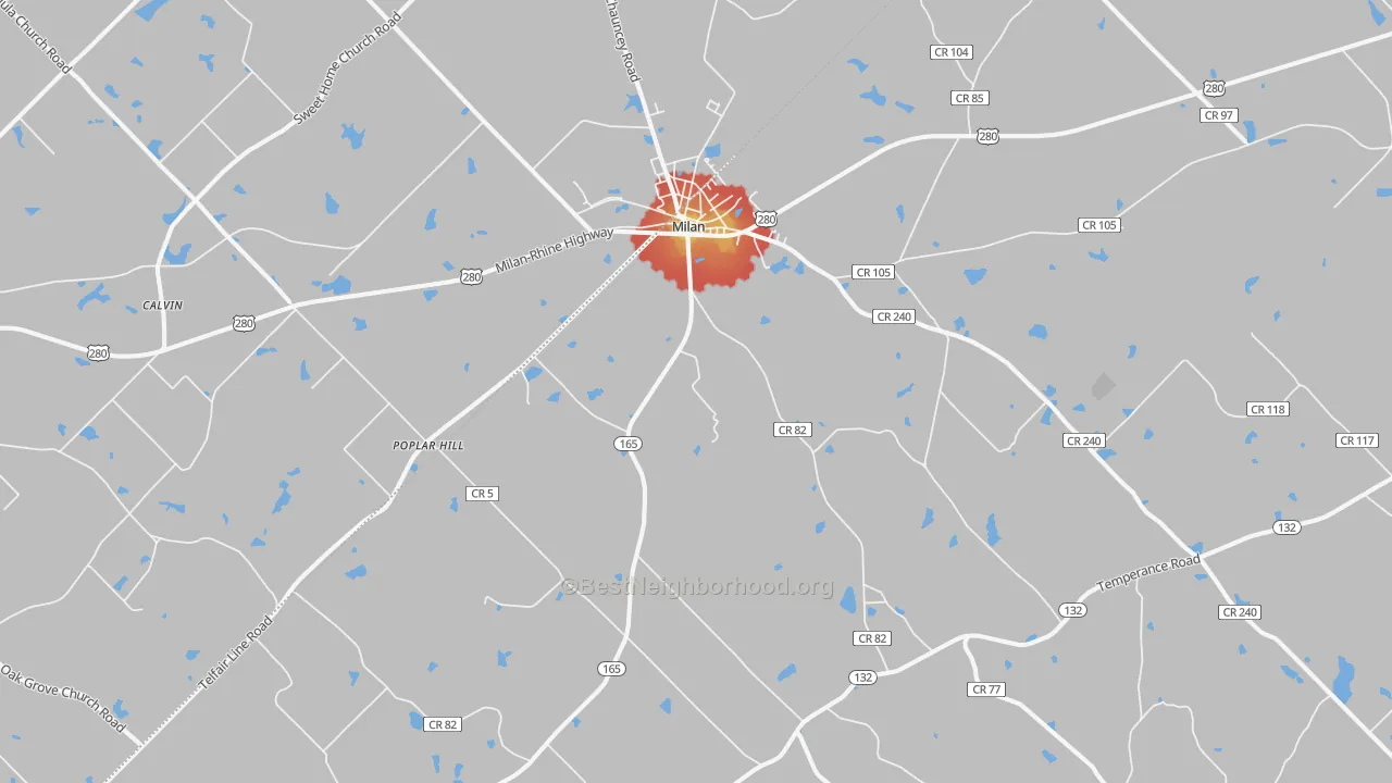 Walk Grade map of 31060, GA, walkable areas in green and car-dependent areas in red