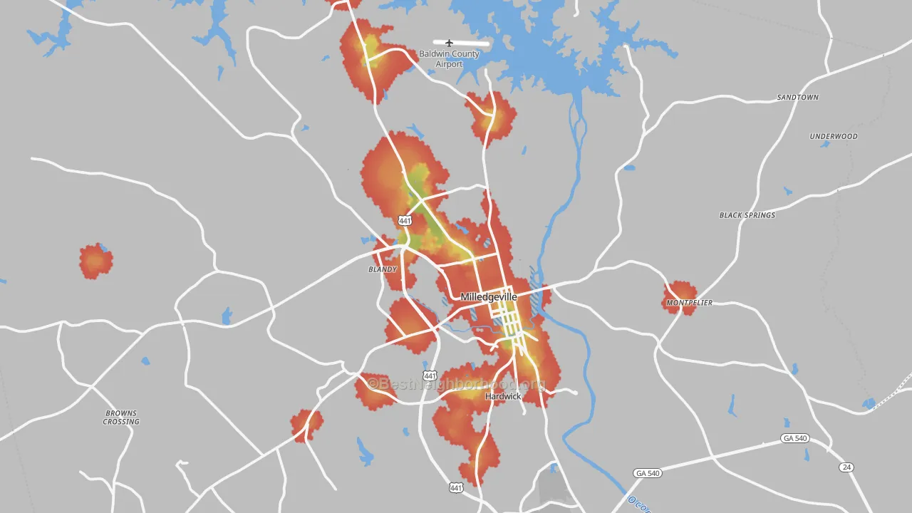 Walk Grade map of 31061, GA, walkable areas in green and car-dependent areas in red