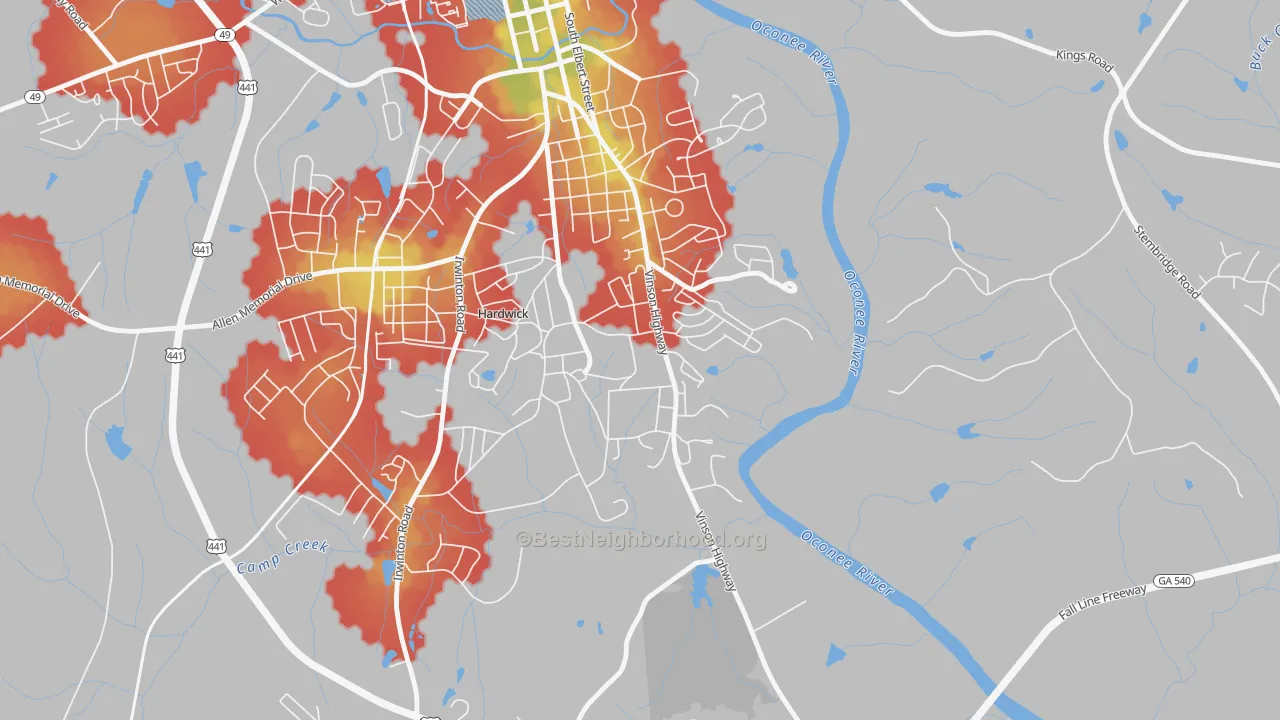 Walk Grade map of 31062, GA, walkable areas in green and car-dependent areas in red
