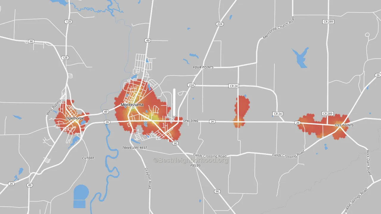 Walk Grade map of 31063, GA, walkable areas in green and car-dependent areas in red