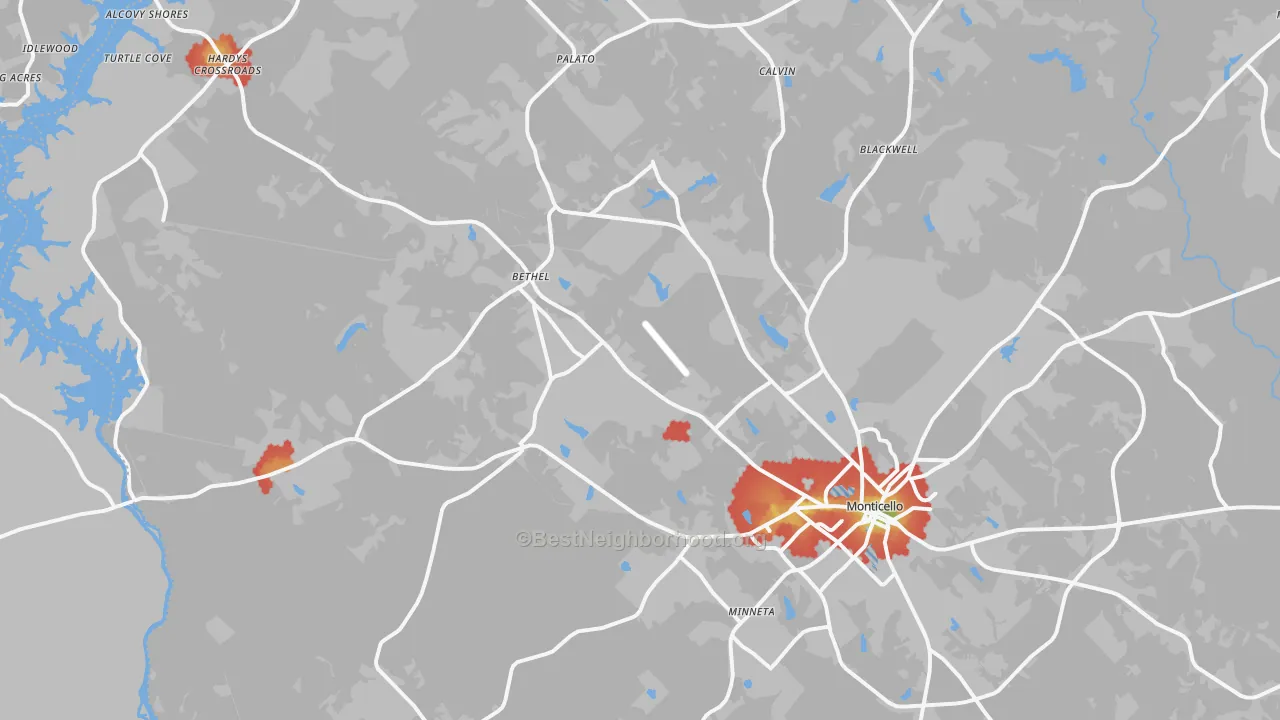 Walk Grade map of 31064, GA, walkable areas in green and car-dependent areas in red