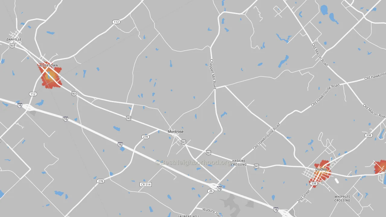 Walk Grade map of 31065, GA, walkable areas in green and car-dependent areas in red