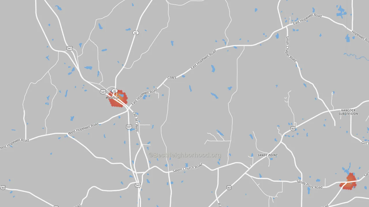 Walk Grade map of 31066, GA, walkable areas in green and car-dependent areas in red