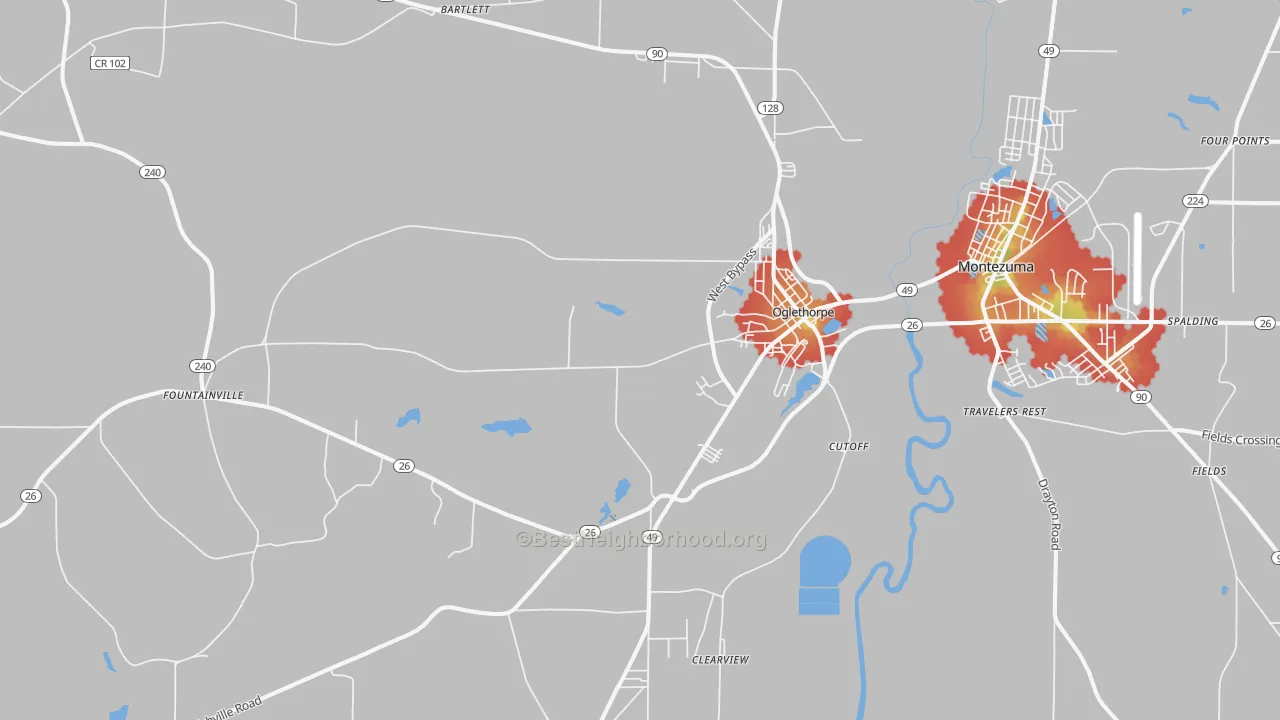 Walk Grade map of 31068, GA, walkable areas in green and car-dependent areas in red