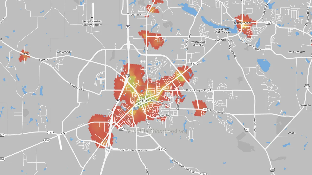 Walk Grade map of 31069, GA, walkable areas in green and car-dependent areas in red