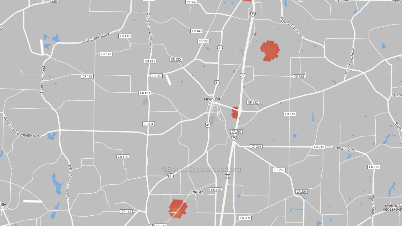 Walk Grade map of 31070, GA, walkable areas in green and car-dependent areas in red