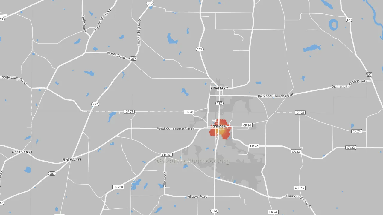 Walk Grade map of 31071, GA, walkable areas in green and car-dependent areas in red