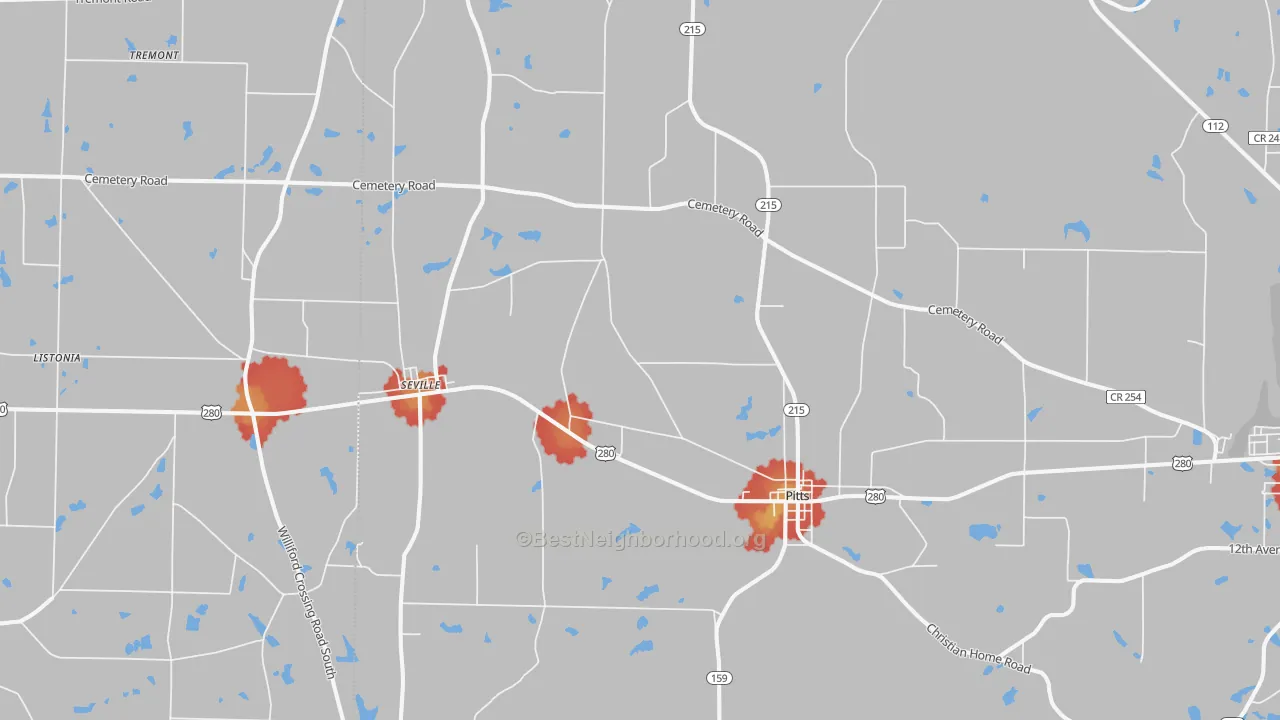 Walk Grade map of 31072, GA, walkable areas in green and car-dependent areas in red