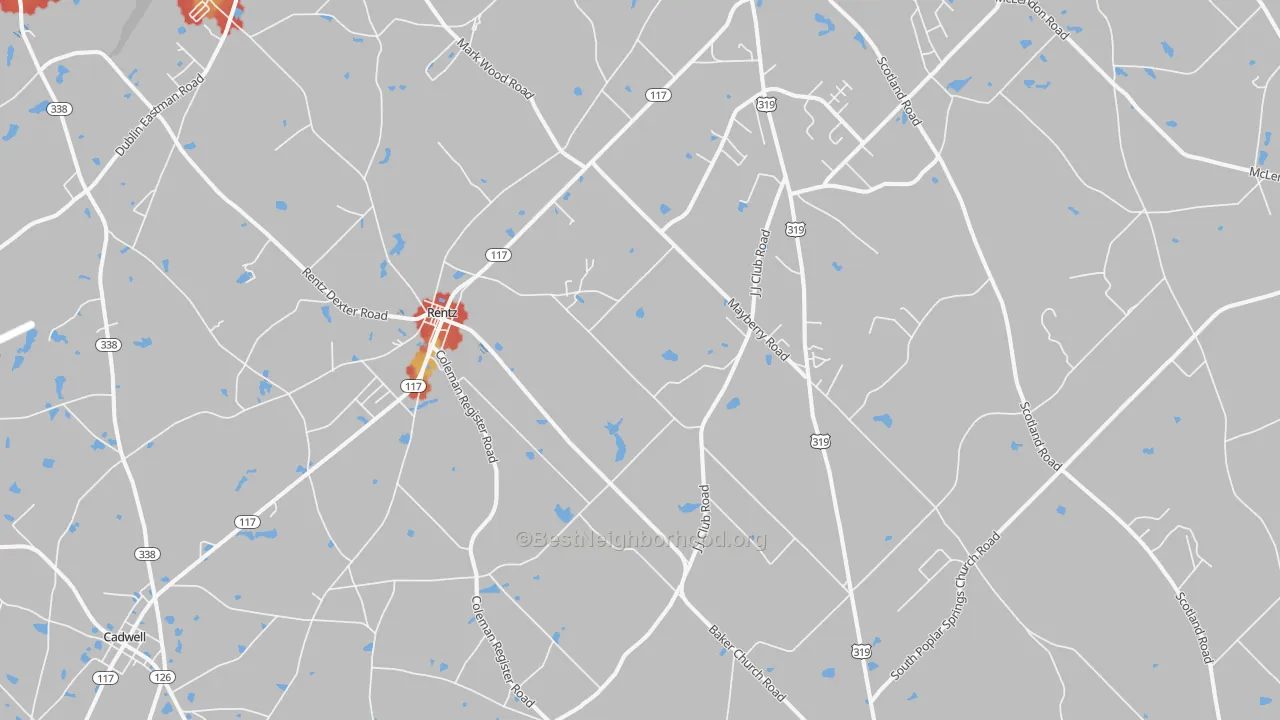 Walk Grade map of 31075, GA, walkable areas in green and car-dependent areas in red