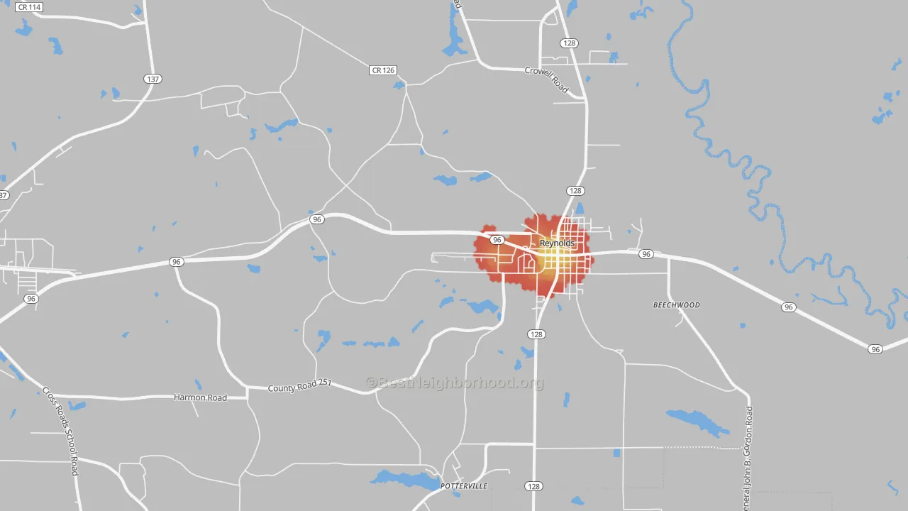 Walk Grade map of 31076, GA, walkable areas in green and car-dependent areas in red