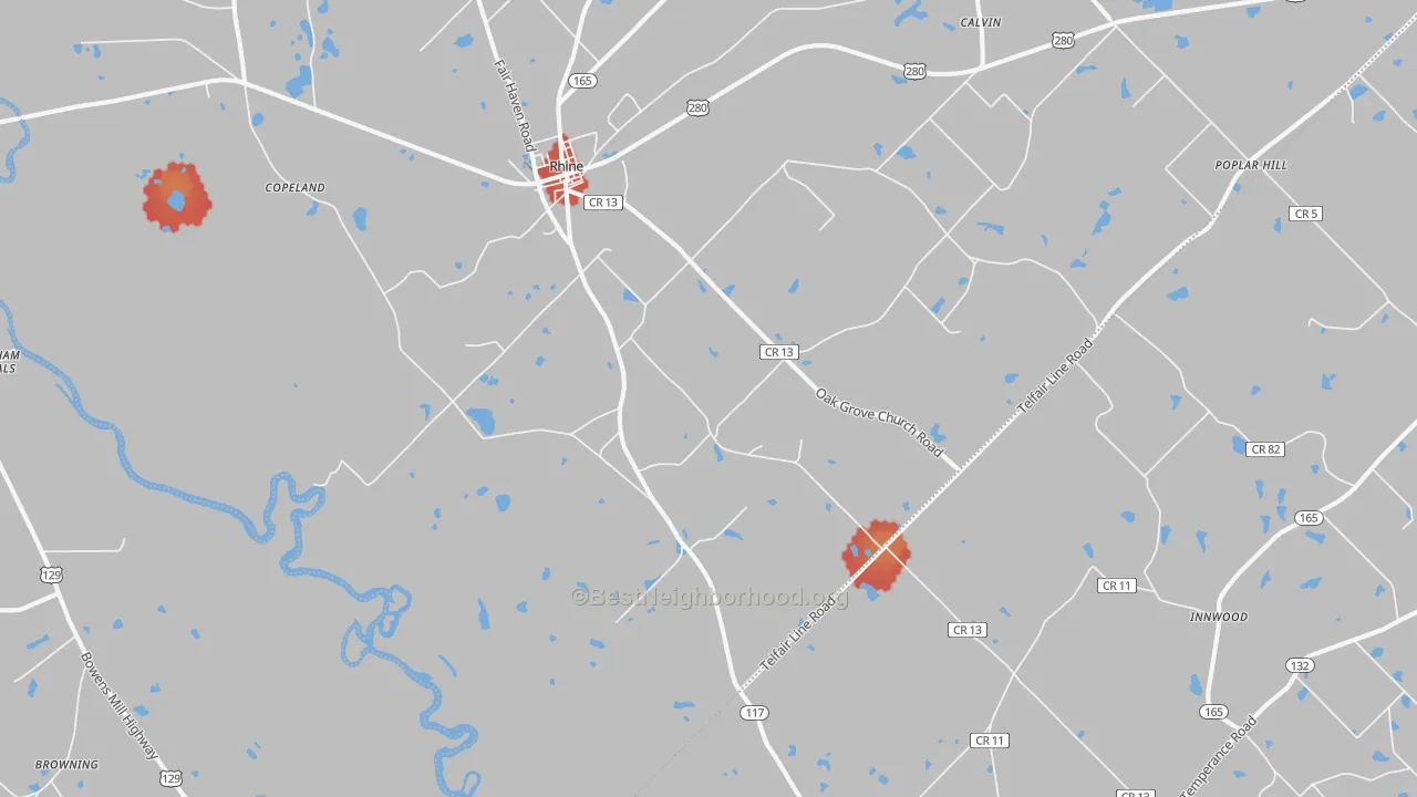 Walk Grade map of 31077, GA, walkable areas in green and car-dependent areas in red