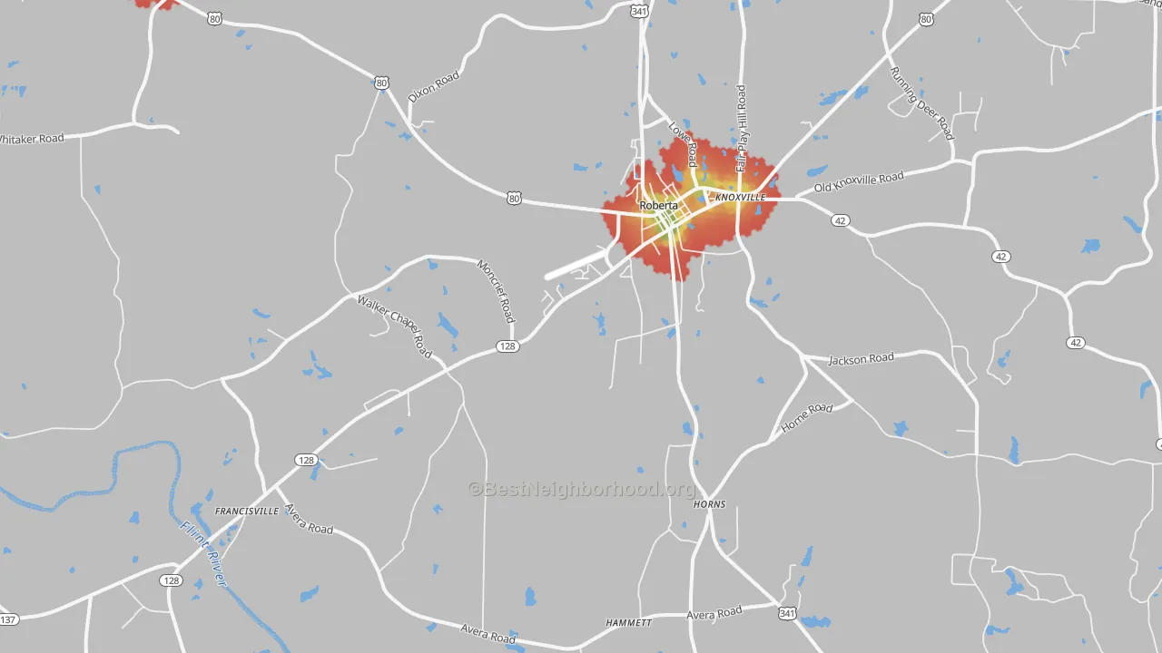 Walk Grade map of 31078, GA, walkable areas in green and car-dependent areas in red