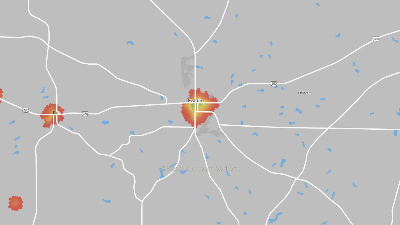 Walk Grade map of 31079, GA, walkable areas in green and car-dependent areas in red