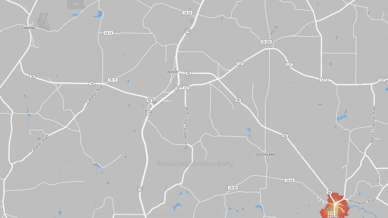 Walk Grade map of 31081, GA, walkable areas in green and car-dependent areas in red