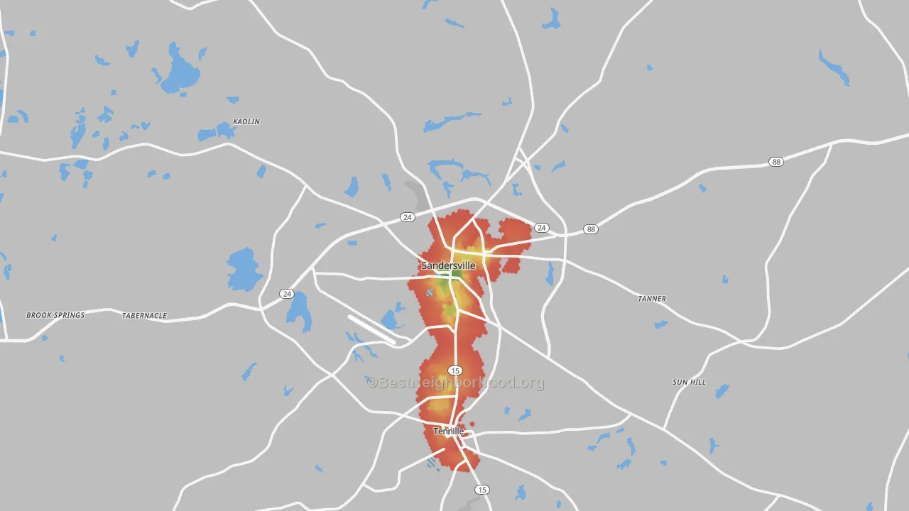 Walk Grade map of 31082, GA, walkable areas in green and car-dependent areas in red