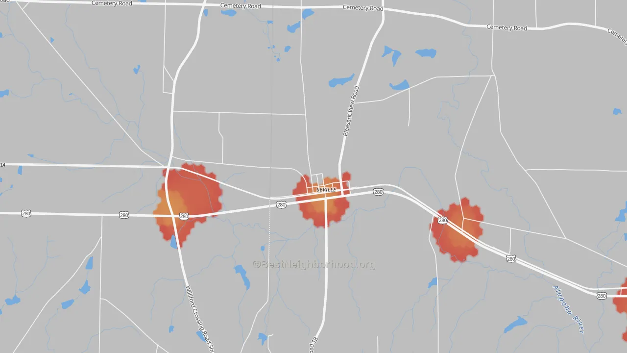Walk Grade map of 31084, GA, walkable areas in green and car-dependent areas in red