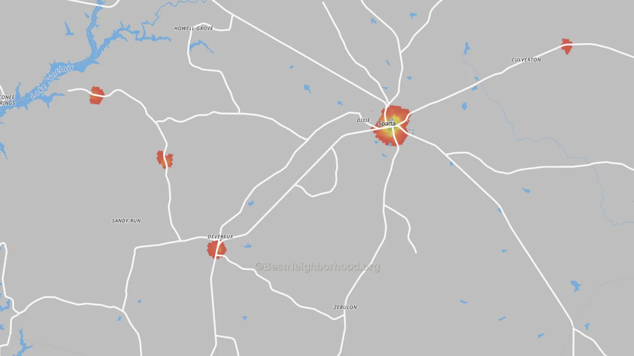 Walk Grade map of 31087, GA, walkable areas in green and car-dependent areas in red