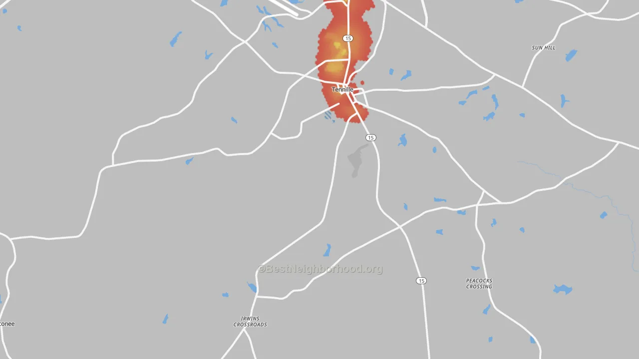 Walk Grade map of 31089, GA, walkable areas in green and car-dependent areas in red