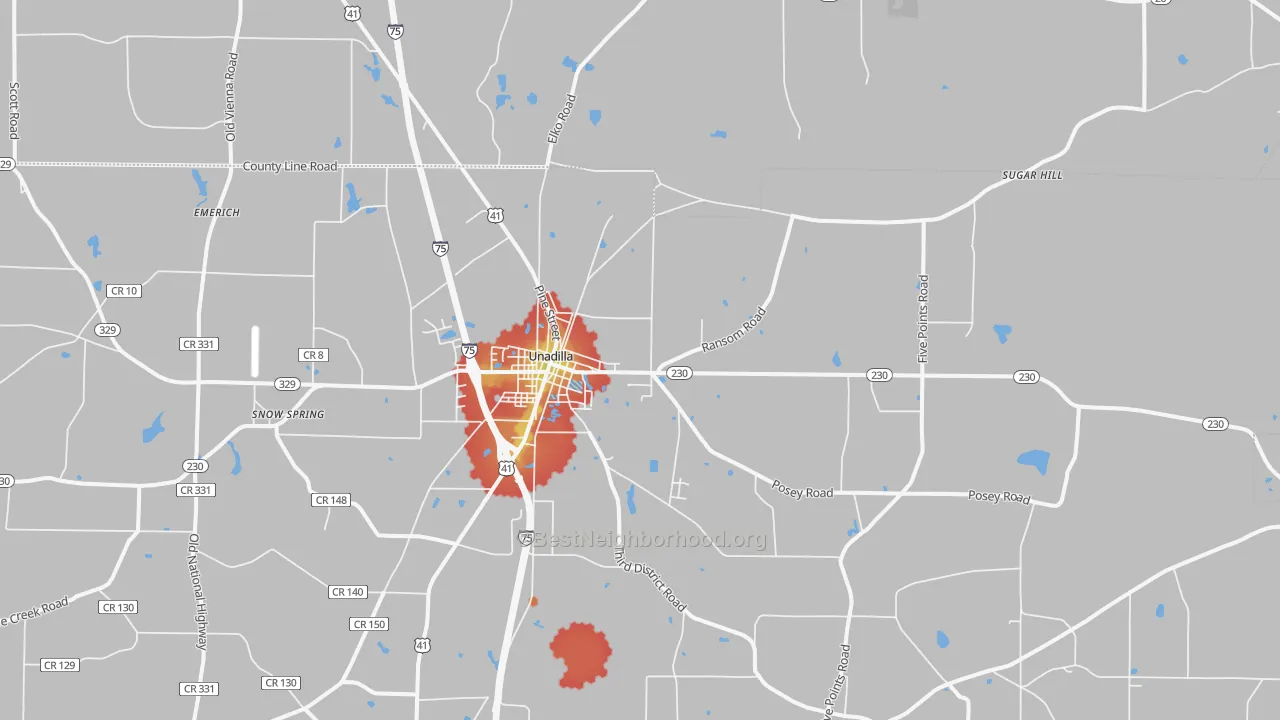 Walk Grade map of 31091, GA, walkable areas in green and car-dependent areas in red