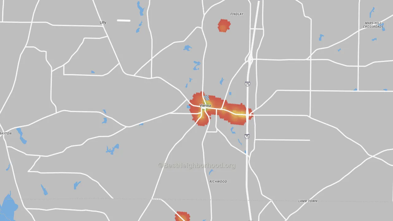 Walk Grade map of 31092, GA, walkable areas in green and car-dependent areas in red