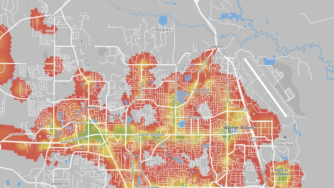Walk Grade map of 31093, GA, walkable areas in green and car-dependent areas in red
