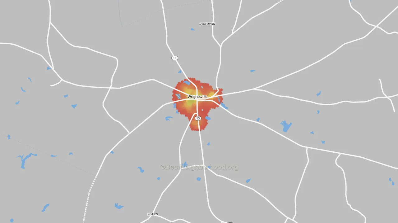 Walk Grade map of 31096, GA, walkable areas in green and car-dependent areas in red