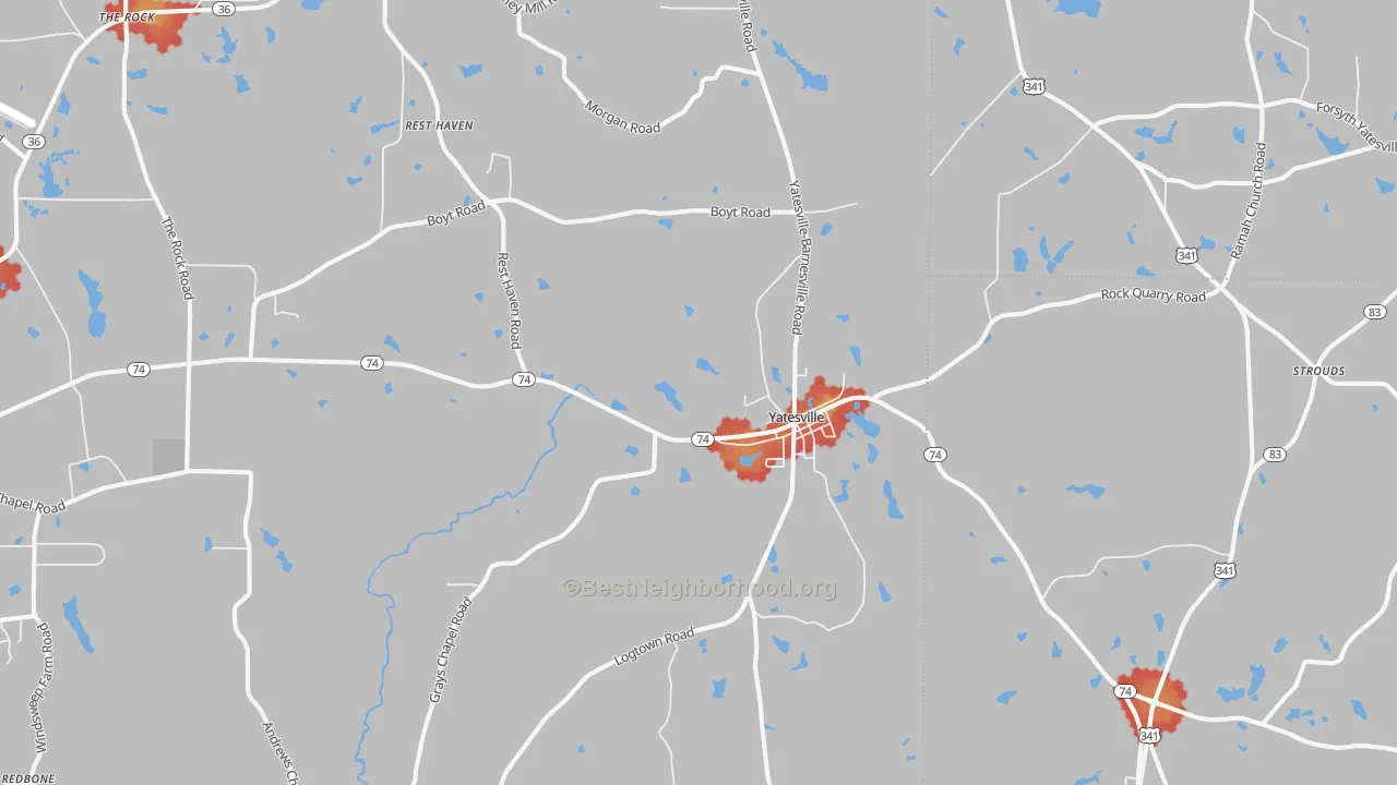 Walk Grade map of 31097, GA, walkable areas in green and car-dependent areas in red