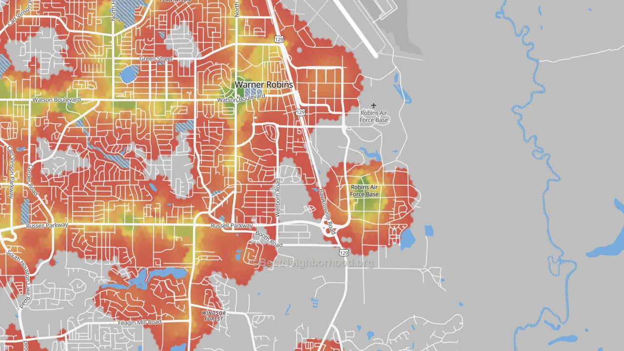 Walk Grade map of 31098, GA, walkable areas in green and car-dependent areas in red
