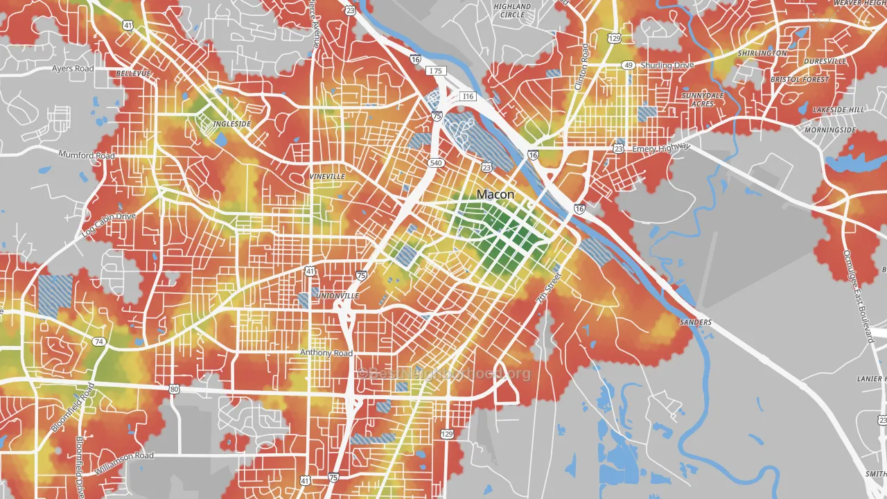 Walk Grade map of 31201, GA, walkable areas in green and car-dependent areas in red