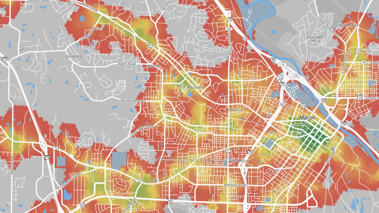 Walk Grade map of 31204, GA, walkable areas in green and car-dependent areas in red