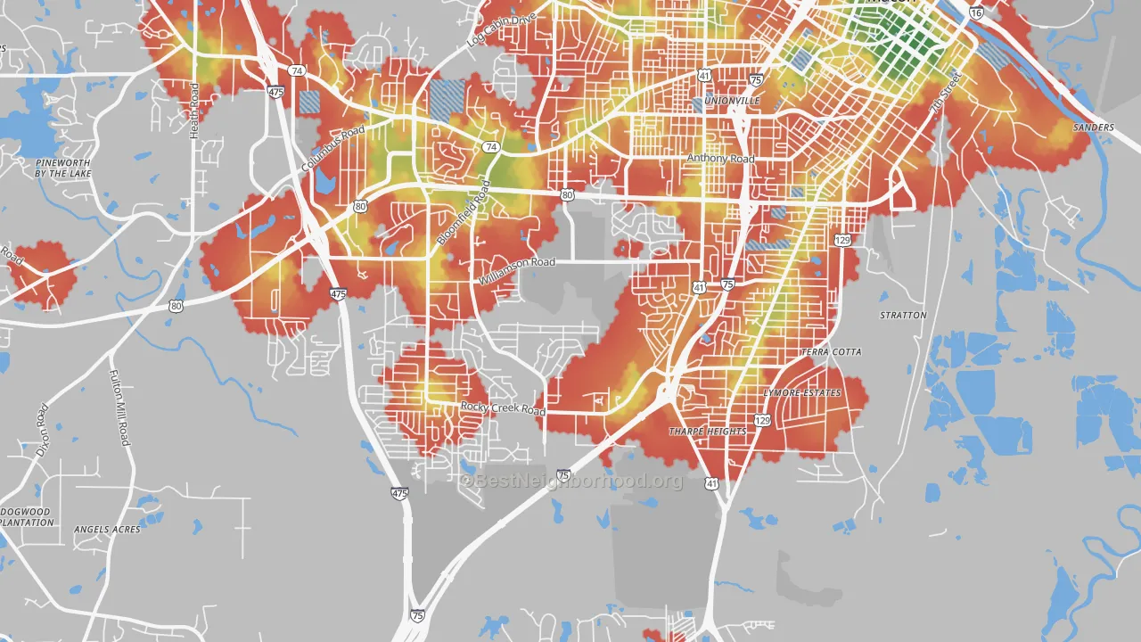 Walk Grade map of 31206, GA, walkable areas in green and car-dependent areas in red