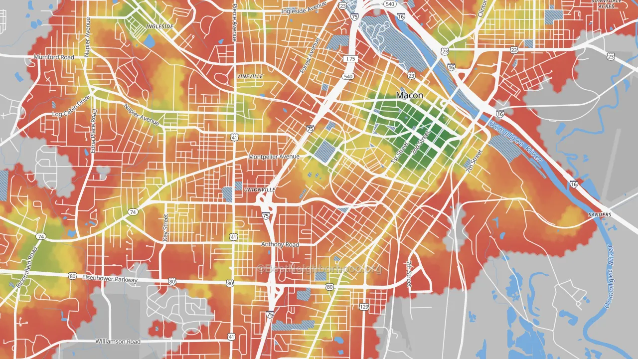 Walk Grade map of 31207, GA, walkable areas in green and car-dependent areas in red